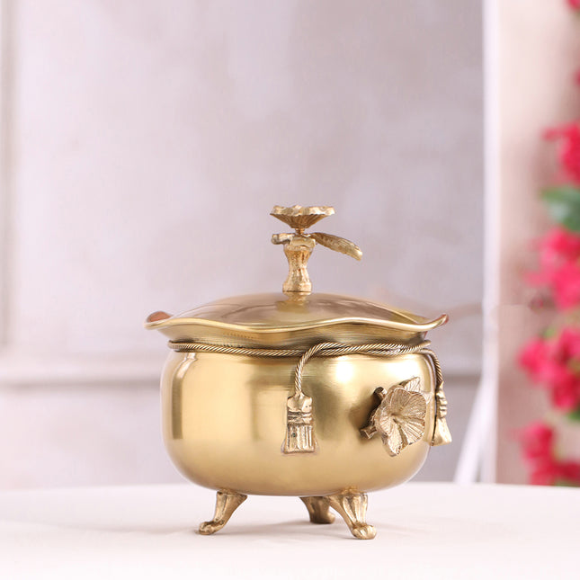 Brass Decorative Handi with Lid Neck Ribbon Bow Design (6 Inch)