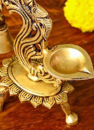 Brass Ethnic Peacock Diya Lamp With Hanging bell