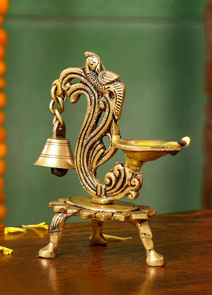 Brass Ethnic Peacock Diya Lamp With Hanging bell