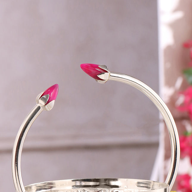 Silver-Plated Brass Decorative Floral Basket with Pink Stone Handle (8 Inch)