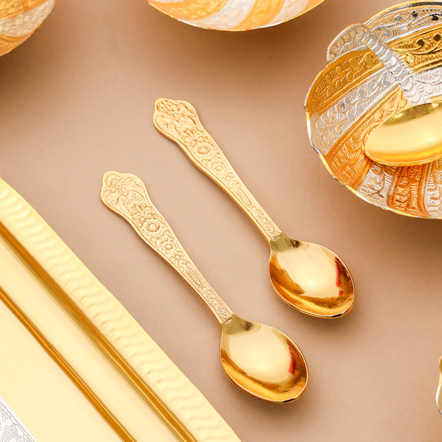 Brass Silver & Gold Finish 4 Bowl & 4 Spoon And 1 Tray Set With Velvet box