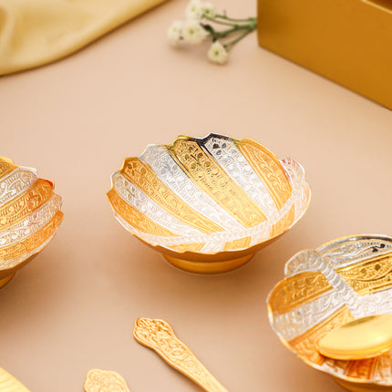 Brass Silver & Gold Finish 4 Bowl & 4 Spoon And 1 Tray Set With Velvet box