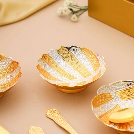 Brass Silver & Gold Finish 4 Bowl & 4 Spoon And 1 Tray Set With Velvet box