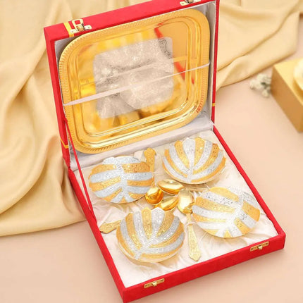Brass Silver & Gold Finish 4 Bowl & 4 Spoon And 1 Tray Set With Velvet box