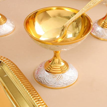 Brass Silver & Gold Finish 4 Ice Cream Bowl & 4 Spoon And 1 Tray Set With Velvet box