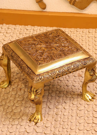Brass Pooja Chowki with Floral Engraving – Lion Paw Legs (8.5 INCH)