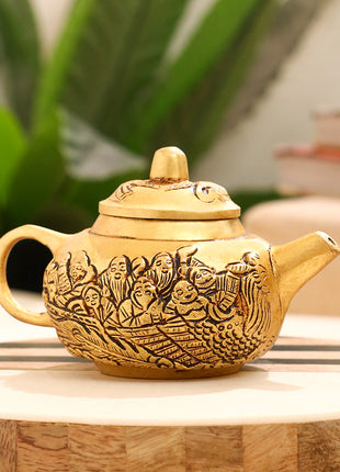 Brass Kettle with Engraved Village Scene – Antique Finish (3 INCH)