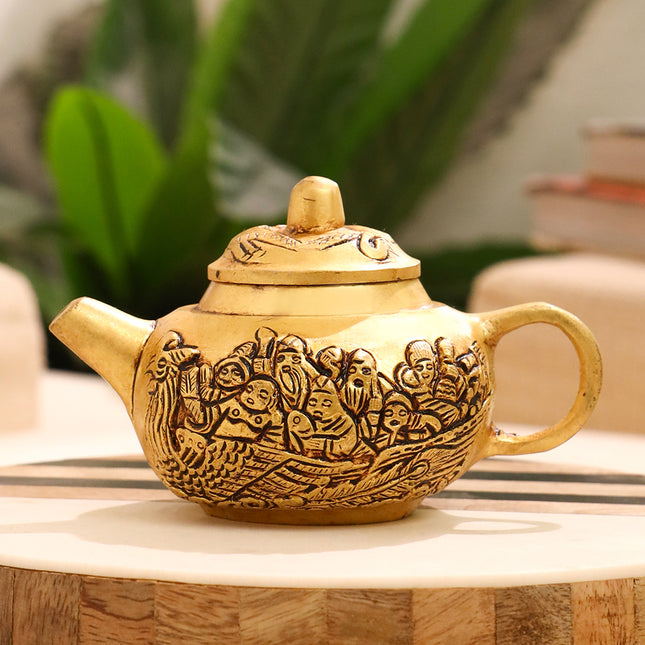 Brass Tea Pot/Kettle with Engraved Village Scene (3 INCH)