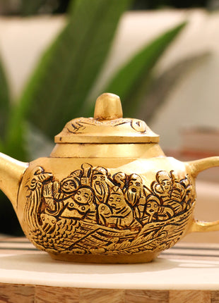 Brass Kettle with Engraved Village Scene – Antique Finish (3 INCH)