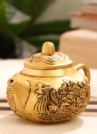 Brass Kettle with Engraved Village Scene – Antique Finish (3 INCH)