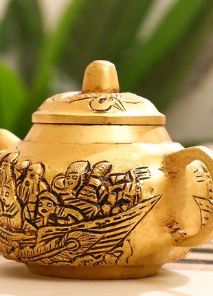 Brass Kettle with Engraved Village Scene – Antique Finish (3 INCH)