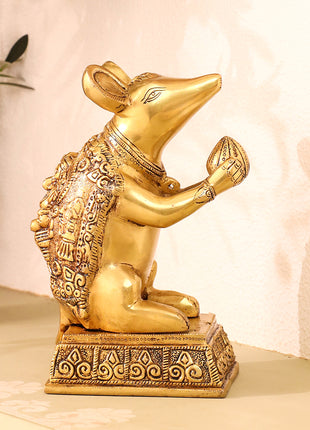 Brass Mushak/Rat Idol – Ganesha’s Devotee on Decorative Pedestal (6.5 INCH)