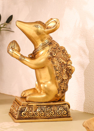 Brass Mushak/Rat Idol – Ganesha’s Devotee on Decorative Pedestal (6.5 INCH)