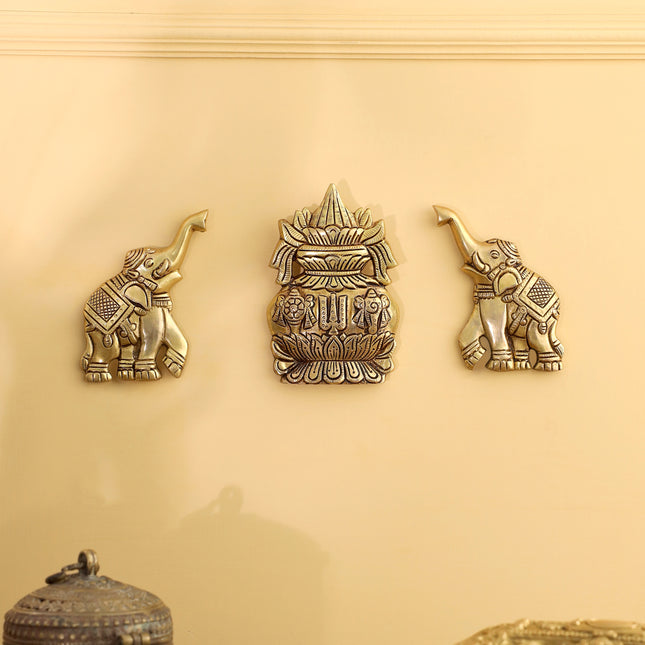 Brass Mangal Kalash with Gaja / Elephants Wall Hanging Set (5.5 Inch)