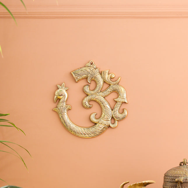 Brass Om with Peacock Wall Hanging (8.2 Inch)