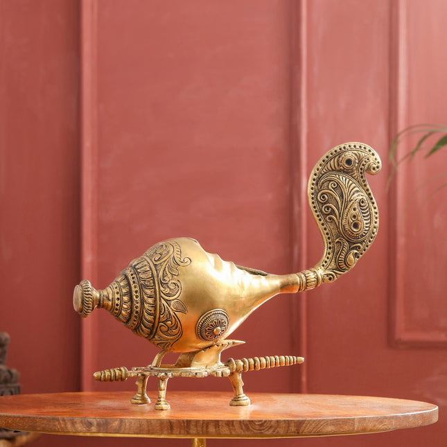Brass Conch / Shankh with Intricate Stand (13 Inch)