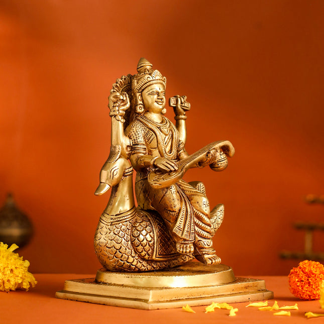 Brass Saraswati Sitting On Swan Figurine (9 Inch)