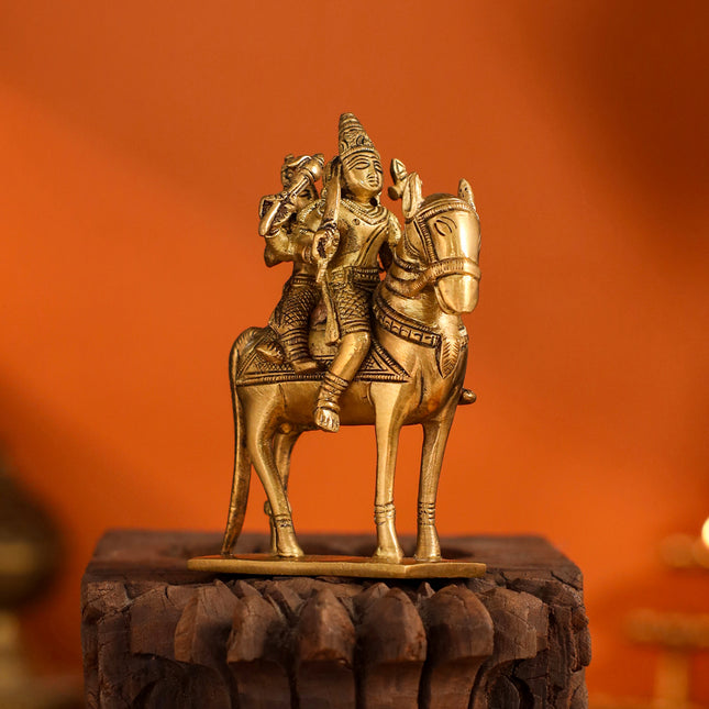 Brass Shiva Parvati on Horse (4.9 Inch)