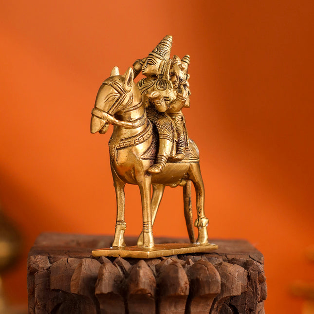 Brass Shiva Parvati on Horse (4.9 Inch)