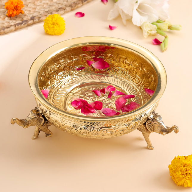 Brass Urli Bowl with Elephant Legs