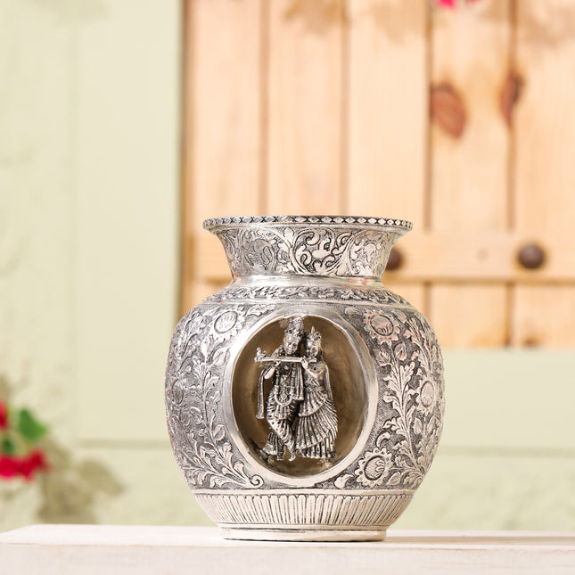 Silver-Plated Brass Radha Krishna Kodam / Kalash (8 Inch)