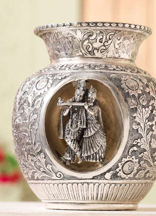 Silver-Plated Brass Kodam / Kalash Radha Krishna Carving (8 Inch)