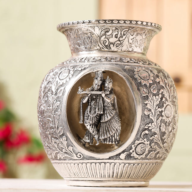 Silver-Plated Brass Radha Krishna Kodam / Kalash (8 Inch)