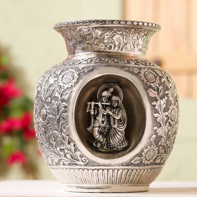 Silver-Plated Brass Radha Krishna Kodam / Kalash (8 Inch)