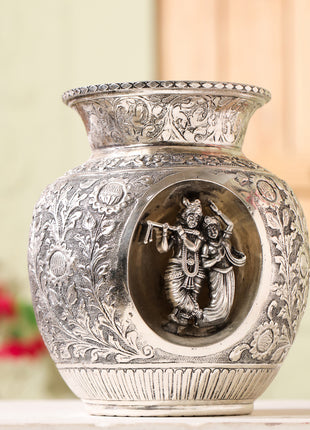 Silver-Plated Brass Kodam / Kalash Radha Krishna Carving (8 Inch)