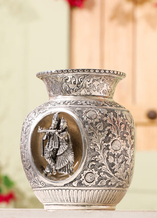Silver-Plated Brass Kodam / Kalash Radha Krishna Carving (8 Inch)
