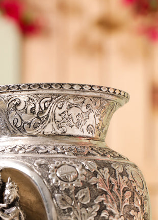 Silver-Plated Brass Kodam / Kalash Radha Krishna Carving (8 Inch)
