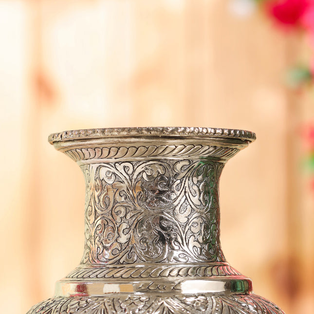 Brass Silver Plated Flower Pot with Floral Design (11 Inch)