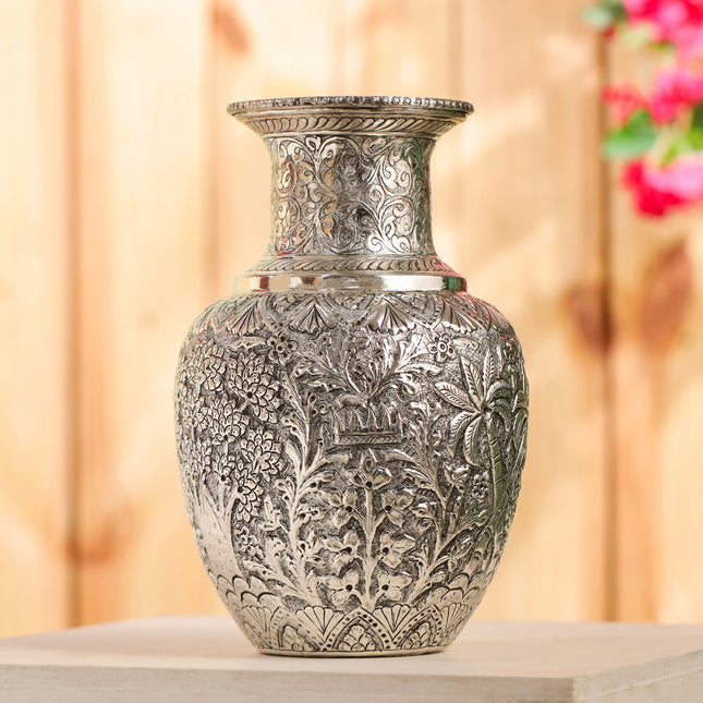 Brass Silver Plated Flower Pot with Floral Design (11 Inch)