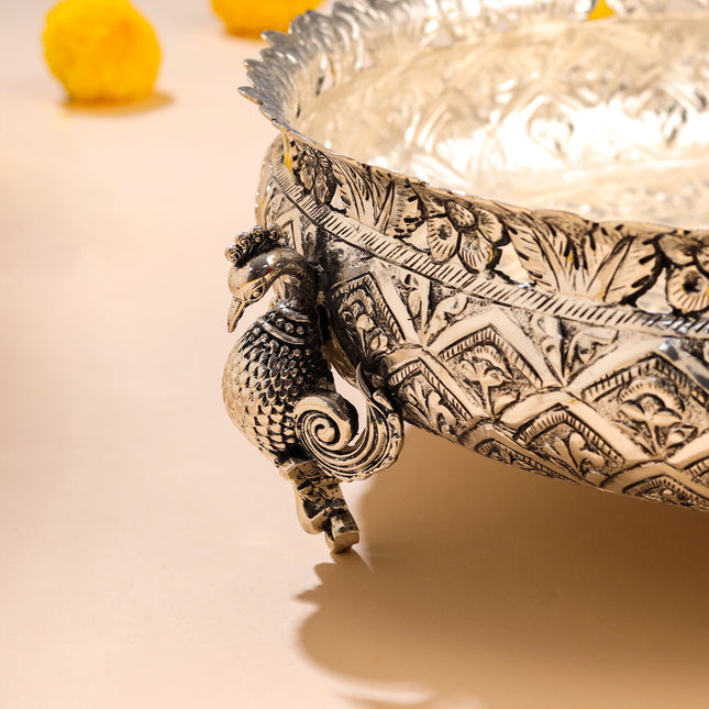 Silver-Plated Brass Peacock Urli Bowl With Floral Design (3.5 Inch)