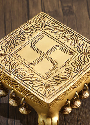 Brass Swastik Chowki With Bells (3.5 Inch)