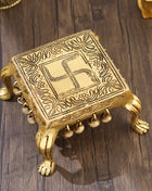 Brass Swastik Chowki With Bells (3.5 Inch)