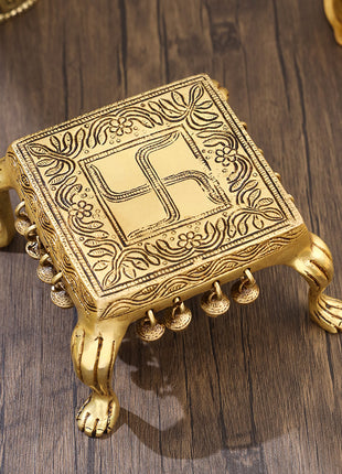 Brass Swastik Chowki With Bells (3.5 Inch)