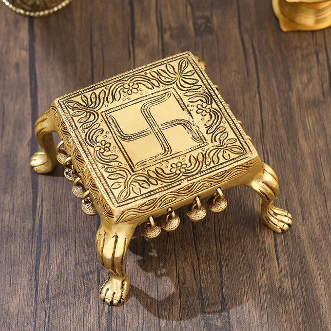 Brass Swastik Chowki With Bells (3.5 Inch)