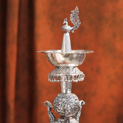 Brass Silver Plated Peacock Design Samai Oil Lamp (23.8 Inch