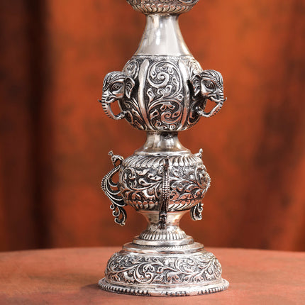 Brass Silver Plated Peacock Design Samai Oil Lamp (23.8 Inch