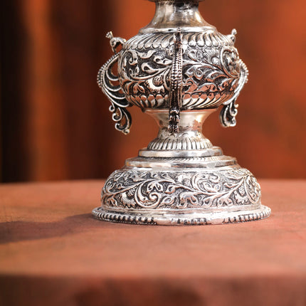 Brass Silver Plated Peacock Design Samai Oil Lamp (23.8 Inch