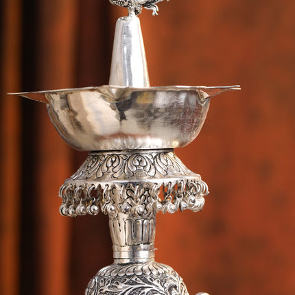 Brass Silver Plated Peacock Design Samai Oil Lamp (23.8 Inch