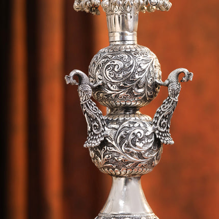 Brass Silver Plated Peacock Design Samai Oil Lamp (23.8 Inch