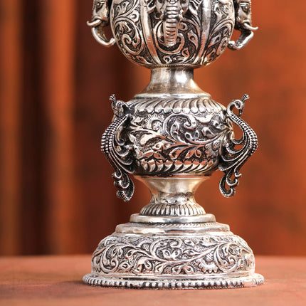 Brass Silver Plated Peacock Design Samai Oil Lamp (23.8 Inch