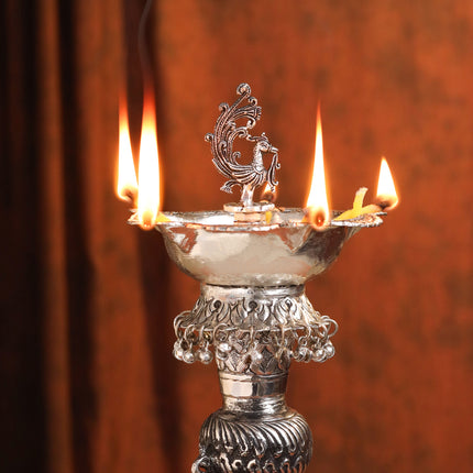Brass Silver Plated Elephant / Peacock Design Oil Lamp (14.1 Inch)