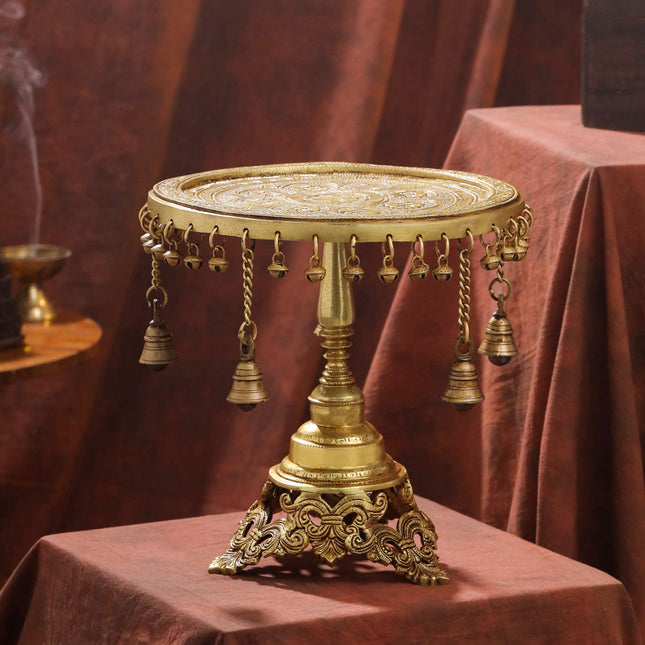 Brass Stool with Hanging Bells – Handmade Traditional Decor (11.4 Inch)