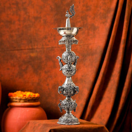 Brass Silver Plated Peacock Design Samai Oil Lamp (23.8 Inch