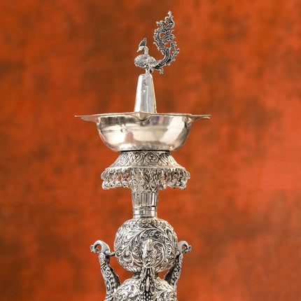 Brass Silver Plated Peacock Design Samai Oil Lamp (23.8 Inch