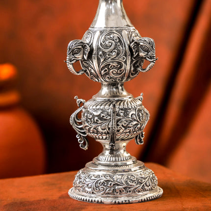Brass Silver Plated Peacock Design Samai Oil Lamp (23.8 Inch
