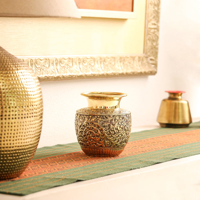 Brass Decorative Pot / Kalash Intricately Engraved Floral Design